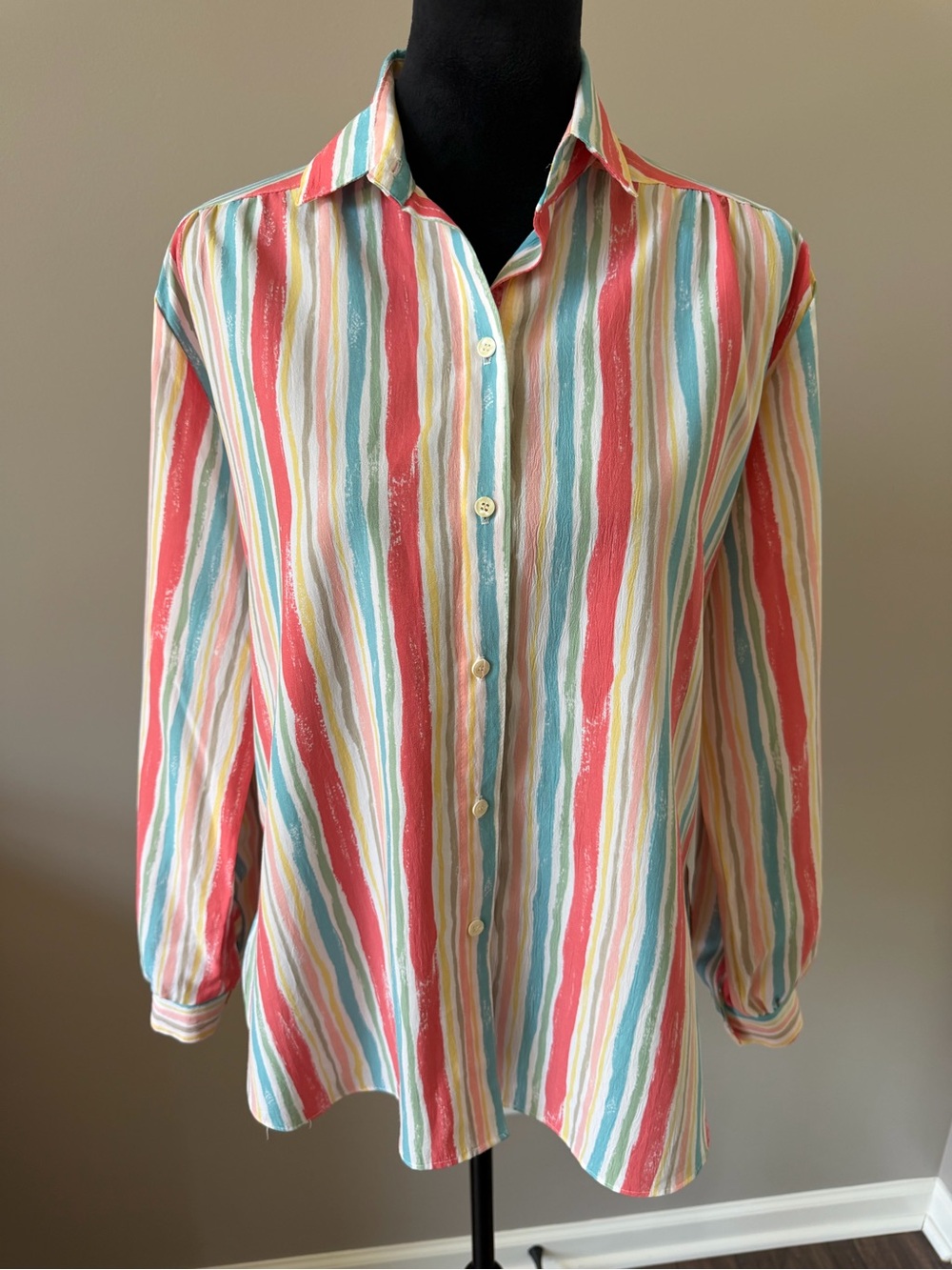 All Hours Vintage Striped Button-Up Blouse in Coral, Teal, Yellow & Cream Medium